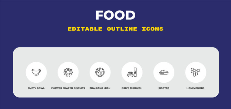outline food icons set - empty bowl, flower shaped biscuits, zha jiang mian. editable vector for web and mobile ui