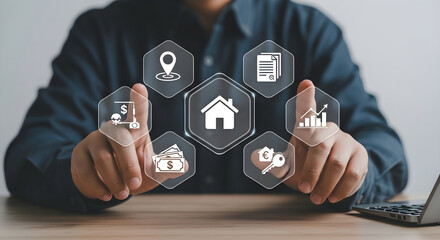Naklejka premium Man interacting with virtual home and business icons on screen