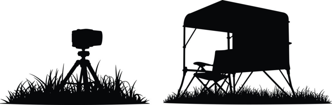hunting blind, camera trap, wildlife watching, outdoor surveillance, silhouette icons