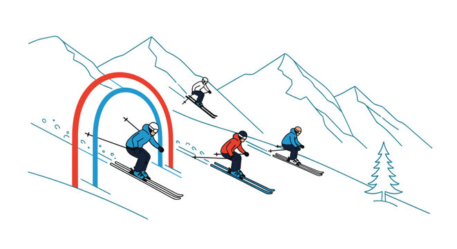 Group of skiers racing down a snowy mountain slope passing through a competition gate with peak outlines in the background vector art.