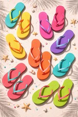 Naklejka premium Colorful flip flops on sandy beach top view summer holiday fashion travel concept bright scene