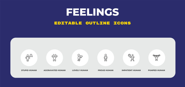 outline feelings icons set - stupid human, aggravated human, lovely human. editable vector for web and mobile ui