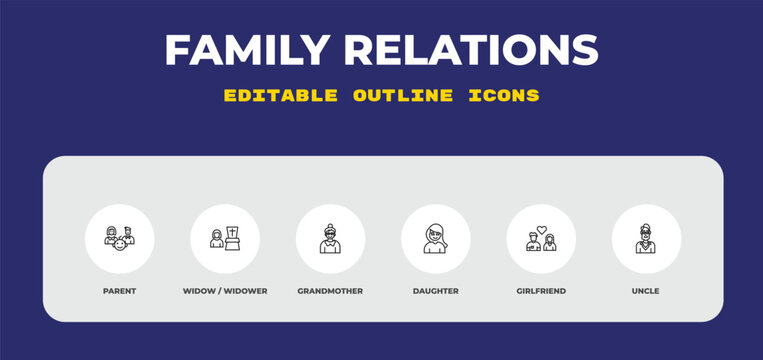 outline family relations icons set - parent, widow / widower, grandmother. editable vector for web and mobile ui