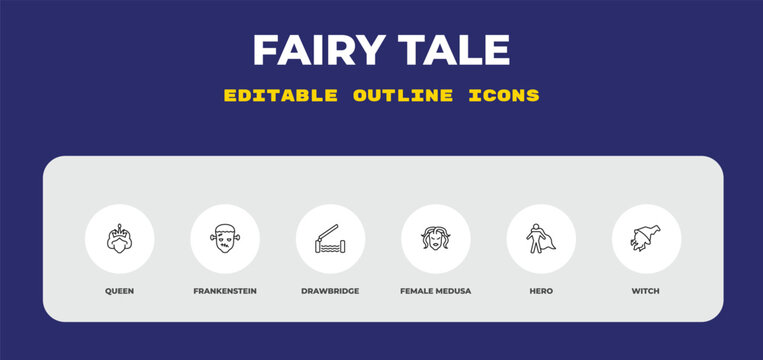outline fairy tale icons set - queen, frankenstein, drawbridge. editable vector for web and mobile ui
