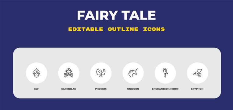 outline fairy tale icons set - elf, caribbean, phoenix. editable vector for web and mobile ui