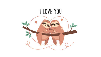 Fototapeta premium Pair of cute sloths hugging on a tree branch within a heart shape, expressing love and friendship with a sweet message.