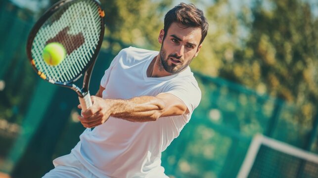 Professional tennis player hitting forehand on court intense action sport training competition focus