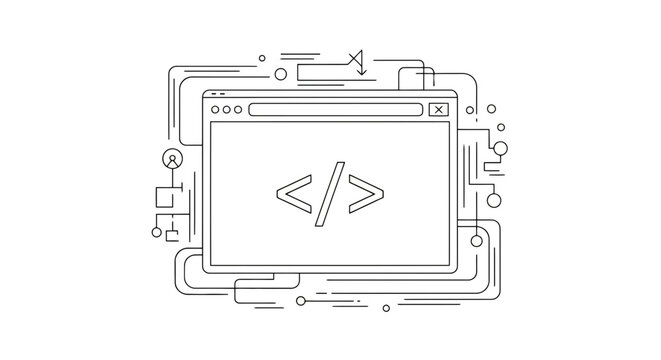 Web Development and Software Programming Concept Vector Illustration with Browser Window and Abstract Line Art