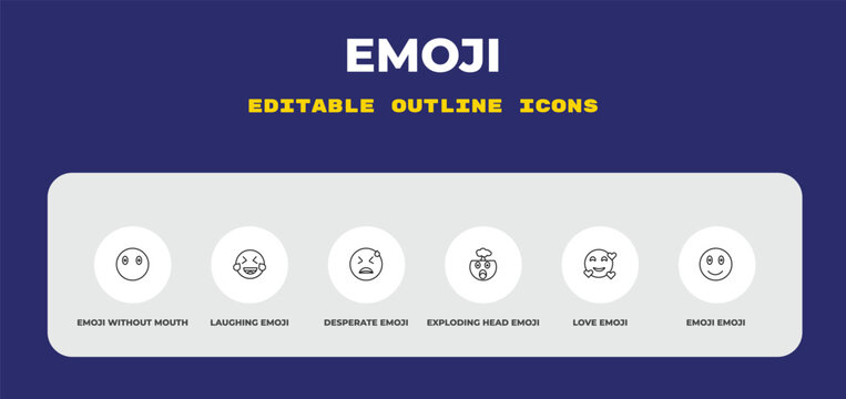 outline emoji icons set - emoji without mouth, laughing emoji, desperate editable vector for web and mobile ui