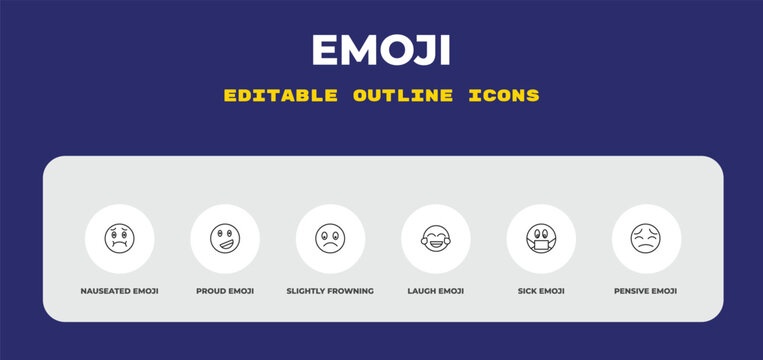 outline emoji icons set - nauseated emoji, proud emoji, slightly frowning editable vector for web and mobile ui