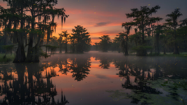 Serene swampy landscape at sunset dusk.
