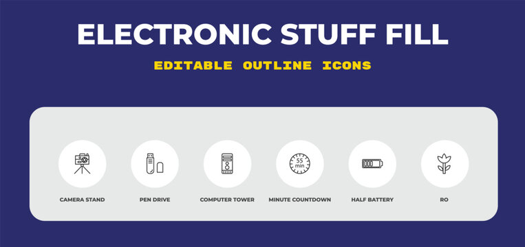 outline electronic stuff fill icons set - camera stand, pen drive, computer tower. editable vector for web and mobile ui