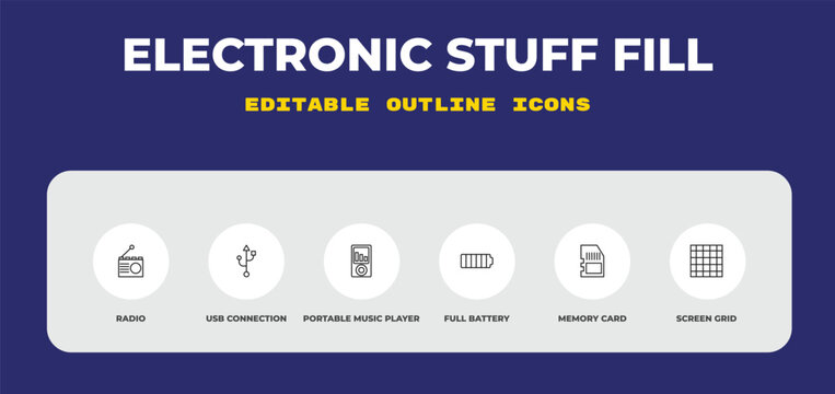 outline electronic stuff fill icons set - radio, usb connection, portable music player. editable vector for web and mobile ui
