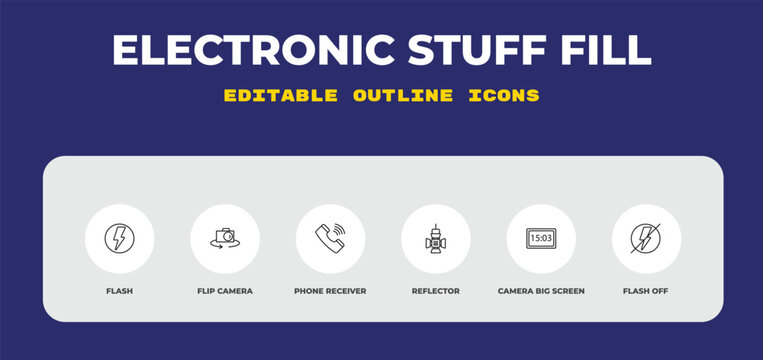 outline electronic stuff fill icons set - flash, flip camera, phone receiver. editable vector for web and mobile ui