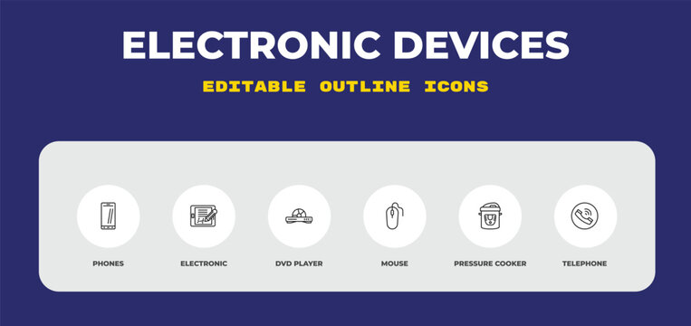 outline electronic devices icons set - phones, electronic, dvd player. editable vector for web and mobile ui
