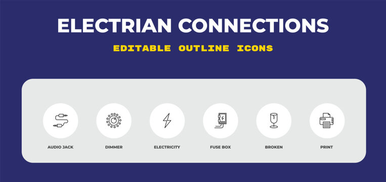 outline electrian connections icons set - audio jack, dimmer, electricity. editable vector for web and mobile ui