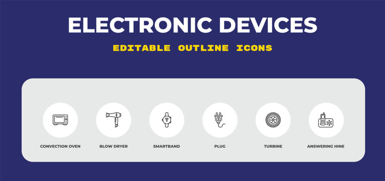 outline electronic devices icons set - convection oven, blow dryer, smartband. editable vector for web and mobile ui