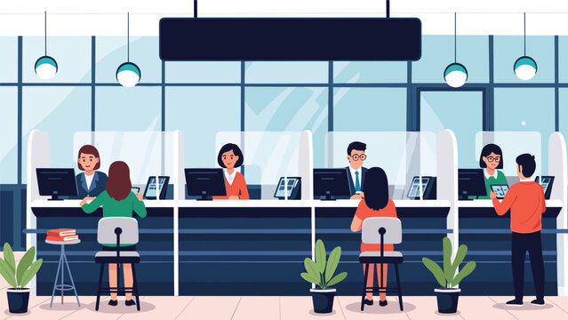 Modern bank interior with tellers working behind glass partitions and customers waiting in a clean professional environment.