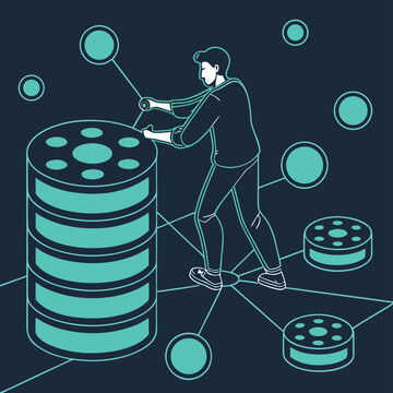 Abstract financial technology data stack with glowing blue and green dots on a dark background, ideal for digital banking, blockchain, fintech innovation, and futuristic data concepts.