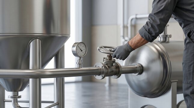 Industrial worker operating a valve on stainless steel brewing equipment