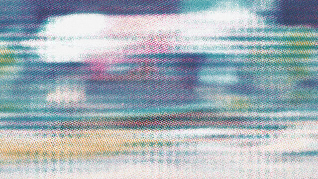 Vibrant Halftone Glitch Texture With Teal Magenta And Yellow Scanlines Forming Abstract Raster Stripes And Grainy Noise