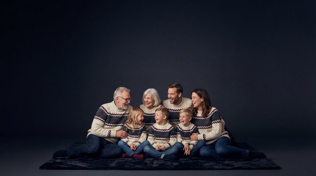 Multi-generation family wearing matching winter sweaters smiling together