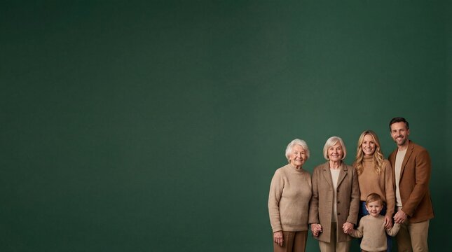 Multi-generational happy family standing against green studio backdrop