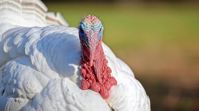 Closeup Portrait of a White Turkey with Vibrant Red Wattle and Blue Head.