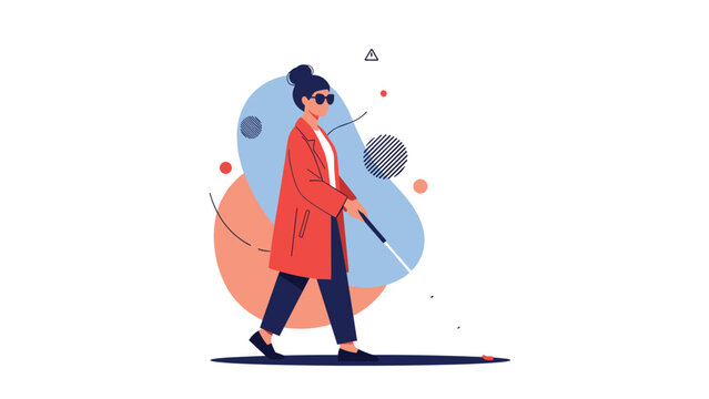 Blind woman wearing a red coat and sunglasses walks confidently with a white cane through a modern abstract background with blue shapes.