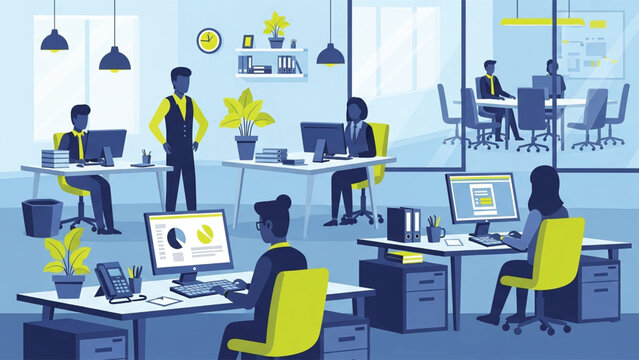 Illustration of a busy office with employees working at their desks in a modern workspace environment with computers and office supplies.