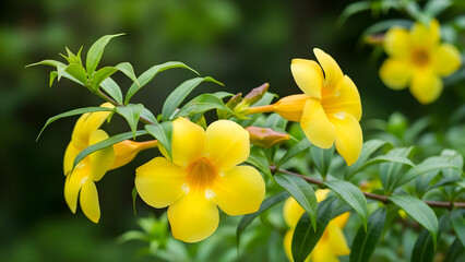 Fototapeta premium Vibrant yellow flowers bloom on a lush green plant in a natural setting