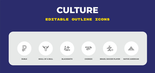 outline culture icons set - ruble, skull of a bull, blacksmith. editable vector for web and mobile ui © IconArt