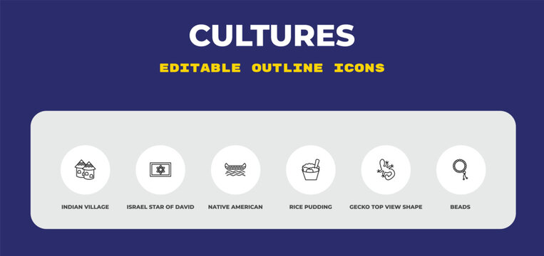 outline cultures icons set - indian village, israel star of david, native american canoe. editable vector for web and mobile ui