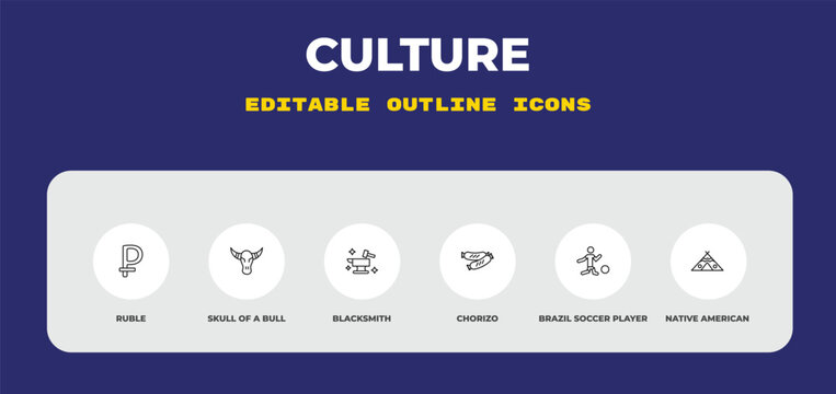 outline culture icons set - ruble, skull of a bull, blacksmith. editable vector for web and mobile ui