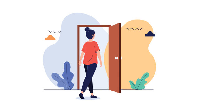 Young woman walks through an open door towards a bright and colorful abstract landscape symbolizing a new beginning or exit.