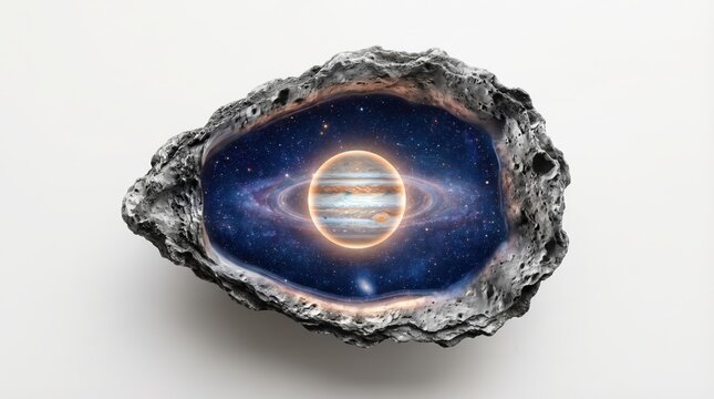 Open oyster shell with planet Saturn and deep space universe inside on white.