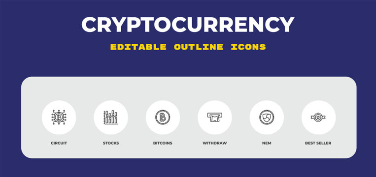 outline cryptocurrency icons set - circuit, stocks, bitcoins. editable vector for web and mobile ui