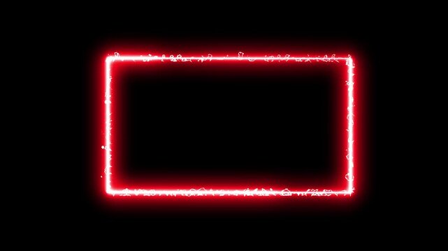 Red neon rectangle frame with electric energy effect flickering on black background video.