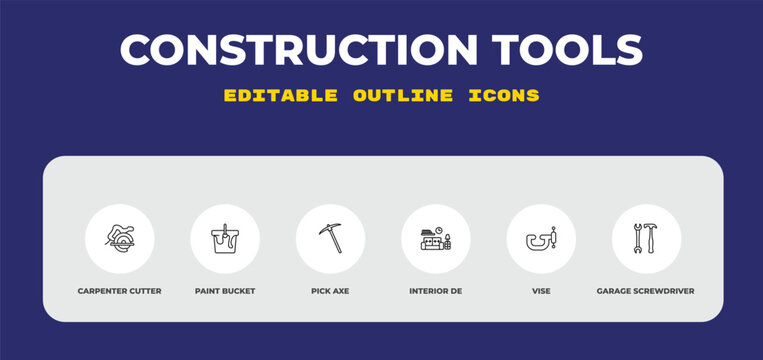 outline construction tools icons set - carpenter cutter, paint bucket, pick axe. editable vector for web and mobile ui