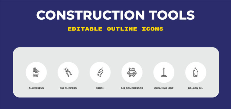 outline construction tools icons set - allen keys, big clippers, brush. editable vector for web and mobile ui