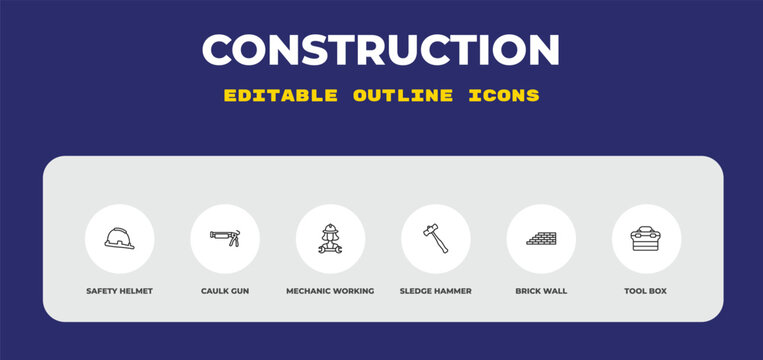 outline construction icons set - safety helmet, caulk gun, mechanic working. editable vector for web and mobile ui