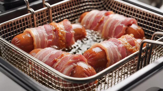 Delicious Bacon Wrapped Hot Dogs Cooking in a Deep Fryer Basket.