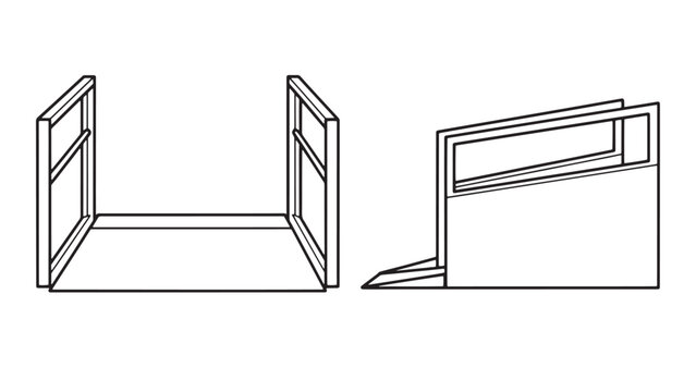 Line Art Illustration of a Modular Skate Ramp or Quarter Pipe Structure, Displayed in Two Isometric Views on a Clean White Background.