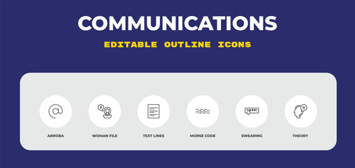 outline communications icons set - arroba, woman file, text lines. editable vector for web and mobile ui © IconArt