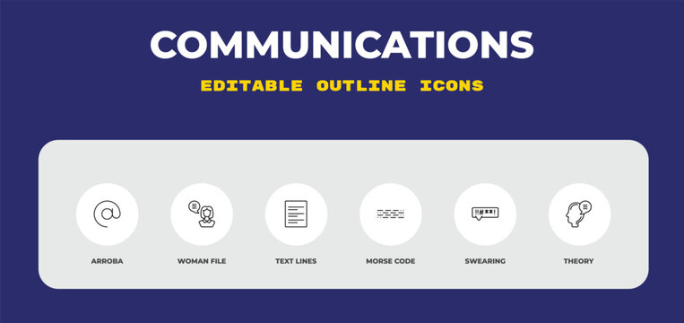 outline communications icons set - arroba, woman file, text lines. editable vector for web and mobile ui