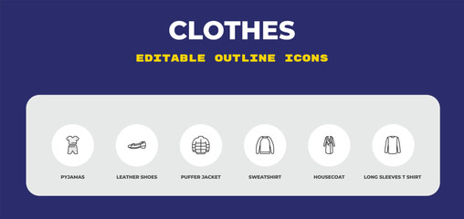 outline clothes icons set - pyjamas, leather shoes, puffer jacket. editable vector for web and mobile ui © IconArt