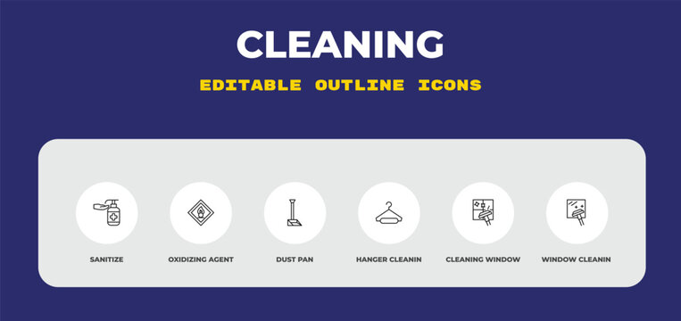 outline cleaning icons set - sanitize, oxidizing agent, dust pan. editable vector for web and mobile ui