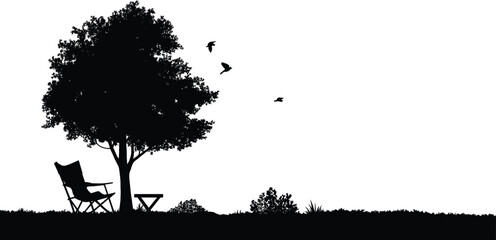 Tree silhouette with chair and birds, peaceful nature outdoor scene vector illustration © Billal