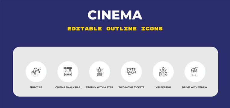 outline cinema icons set - jimmy jib, cinema snack bar, trophy with a star. editable vector for web and mobile ui
