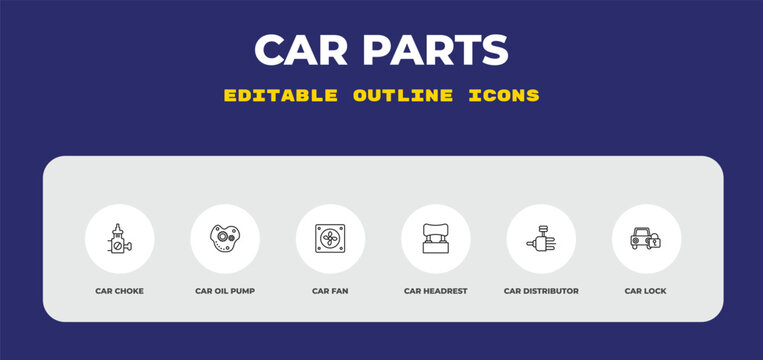 outline car parts icons set - car choke, car oil pump, fan. editable vector for web and mobile ui